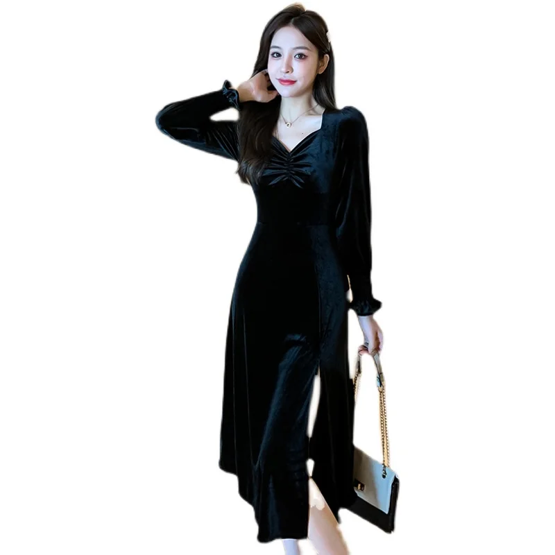חדש סתיו/חורף 2021 צרפתית רטרו קטיפה שמלת נשים סקסית פיצול טמפרמנט שרוול ארוך שמלה שחורה קטנה