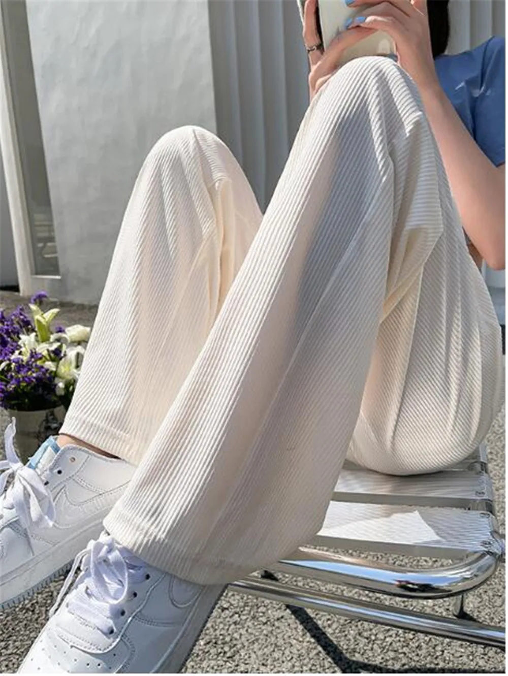 נשים נוחות רכה רחב הרגל מכנסיים נשי מוצק דק באורך רצפת שאיפה 2023 קוריאנית הקיץ גבוהה המותניים קרח מכנסיים משי על חולצות