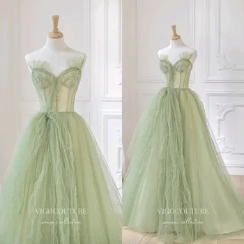 14680#מרווה ירוק אלגנטי קו שמלת ערב סקסית מתוקה חרוזים בלי שרוולים שמלות לנשף עם רכבת לטאטא אירוע החלוק דה נשף