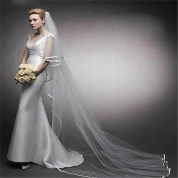 2019 צילום אמיתי לבן/שנהב שתי שכבות צעיף חתונה 3m סרט קצה Mantilla כלה הינומה של כלה אביזרים החתונה? אתה רואה דה Noiva