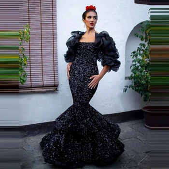 בת ים ספרדית ערב שמלות נפוחות טול שרוולים ארוכים gillter שחור חצוצרת שמלות לנשף קפלים Flamenca Vestidos דה Cóctel