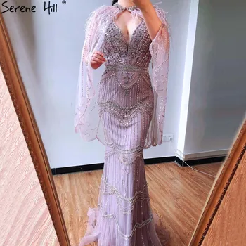 דובאי סגול V-צוואר בתולת ים סקסית שמלות ערב 2023 שרוולים צעיף צמר, נוצות לבוש רשמי שלווה היל GLA70171A