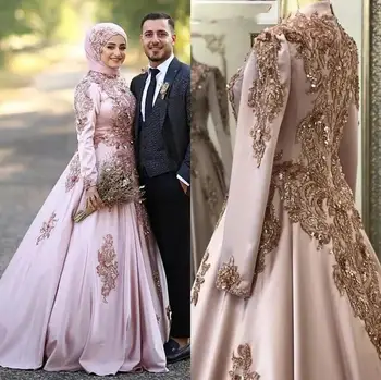 ורד ורוד המוסלמים הנשף אירוע שמלות 2023 הרמדאן שרוול ארוך Gilter פאייטים אפליקציה חיג ' אב כתם שמלות ערב