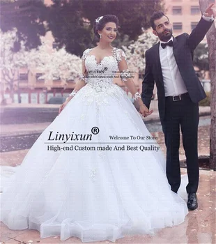 מוחלט הצוואר תחרה קו שמלת החתונה עם אפליקציות מלא שרוולים שמלות כלה דובאי בערב הסעודית רכבת משפט Vestidos דה נוביה