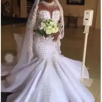 מותאם אישית אפריקאית צנועה בתולת ים חתונה שמלות שרוולים ארוכי שמלת כלה חרוזים קריסטלים צוואר גבוה תחרה אפליקציה שמלת החתונה 2023