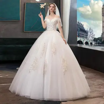 שמלת החתונה 2022 חדש אלגנטי הסירה צוואר חתונה שמלות נשף Vestido De Noiva יוקרה פאייטים תחרה, רקמה רזה הכלה השמלה