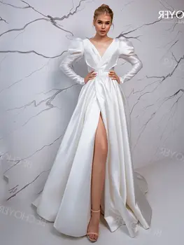שמלת שרוול ארוך 2023 V-צוואר פיצול רכבת בית משפט קו שמלת כלה נסיכה BECHOYER EL82 בתוספת גודל Vestido De Noiva
